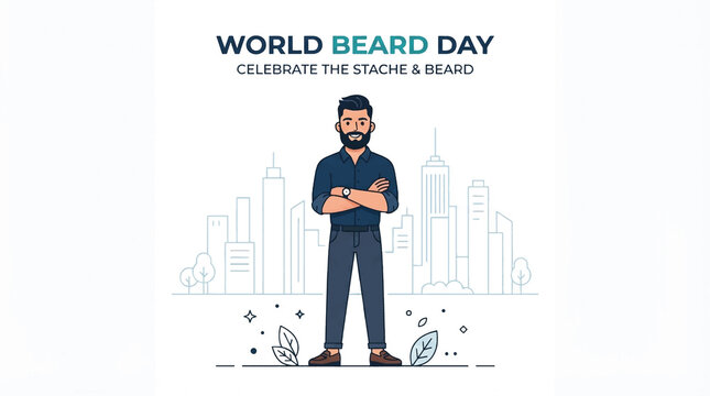 World Beard Day celebration illustration, bearded man with stache in urban city setting, vector graphic design for holiday campaign