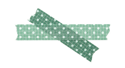 Two strips of green washi tape with a white grid and polka dot pattern, arranged in an x shape, isolated on transparent background © Solven