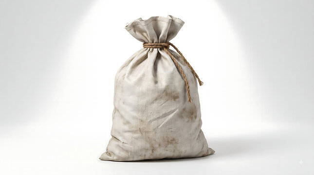 Old Dirty Canvas Sack Tied with Rope on White Background