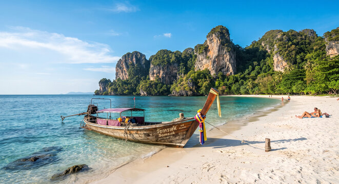 A classic, sun-drenched travel photograph of a traditional Thai wooden longtail boat moored on the pristine white sand of Railay Beach in Krabi. 