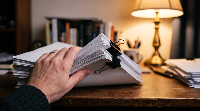 Hand Holding Stack of Papers with Clip on Warm Wooden Desk
