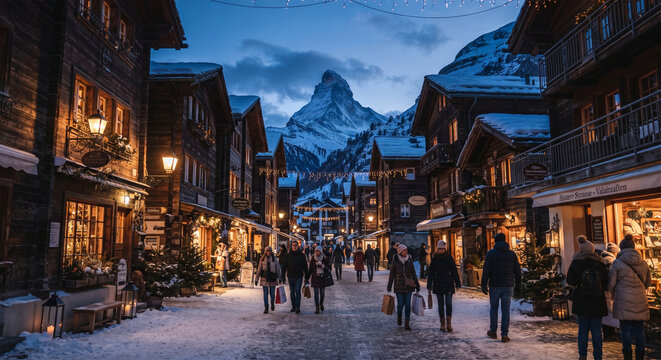 A charming, atmospheric twilight photograph of a pedestrian street in Zermatt lined with historic brown wooden chalets glowing warmly from windows and lanterns. 