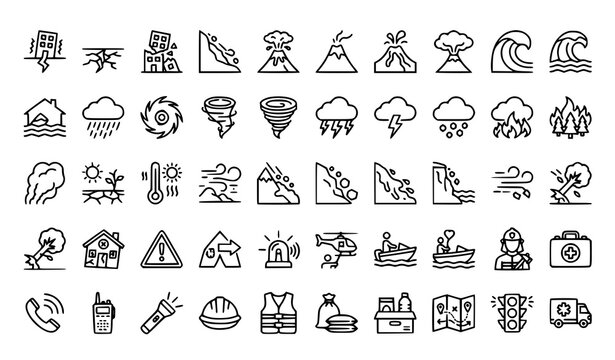 Natural Disaster Emergency Thin Line Editable Stroke Icon Vector Set