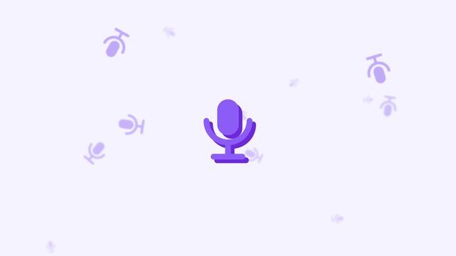 Animated Purple Microphone Icons Floating on Soft Light Background.