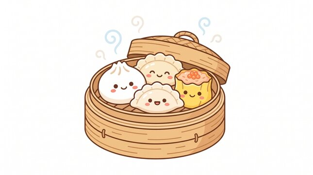 Cute kawaii dim sum set illustration in bamboo steamer basket, baozi, gyoza, dumplings, and shumai with smiling faces vector stock art on white background
