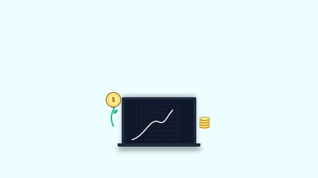Animated Laptop Displaying Business Growth Chart with Creative Icons.