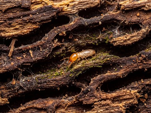 Macro shot of a termite worker navigating intricate tunnels within decaying wood, showcasing detailed textures and the insect's anatomy.