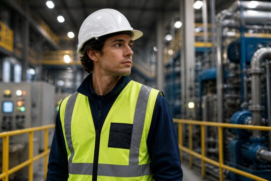 Worker wearing hard hat and hi vis vest inside industrial plant