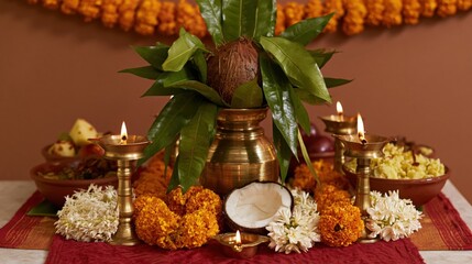 Obraz premium The Kalash Pooja Centerpiece with Coconut, Leaves, and Vibrant Marigold Flowers