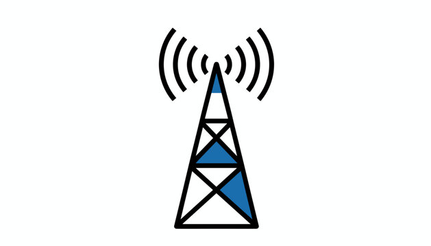 Telecommunication and radio broadcast tower emitting active network signal waves in a simple modern vector design.