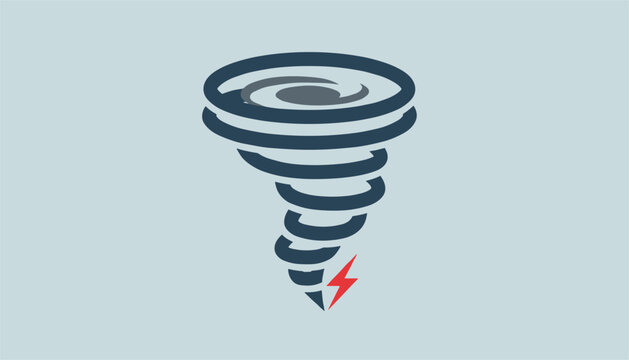 Stylized blue hurricane tornado cyclone with a bright red lightning bolt symbol on a solid light teal background.