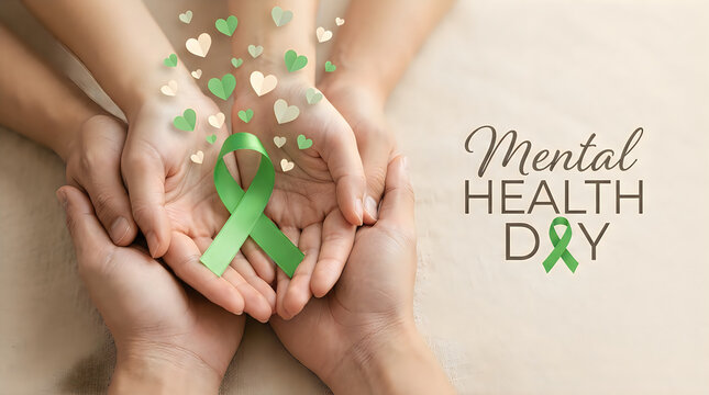 A close up view of caring hands gently holding a vibrant green ribbon representing support for mental health awareness and wellbeing with mental health day