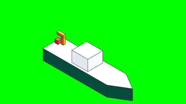 Isometric 3D Animation of a Cargo Ship Moving on Green Screen Background.