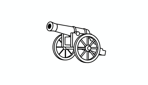 Detailed black and white vector line drawing of a historic antique military cannon on large rustic wooden wheels.