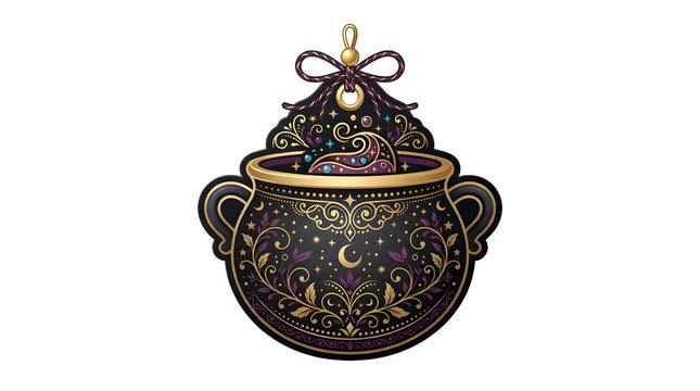 Ornate cauldron with lid and decorative swirls is a detailed vector illustration on a white background potion brew cooking-pot vessel container witchcraft magic fantasy mystical