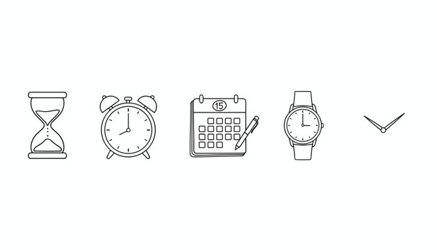 Set of five black and white time management icons including an hourglass alarm clock calendar watch and clock hands.