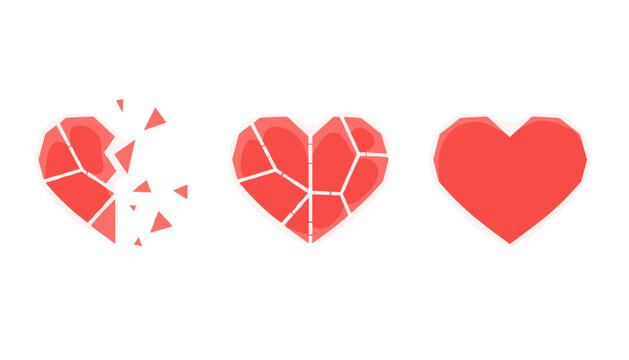 Heart healing stages illustration showing a broken heart mended heart and completely whole healed heart.