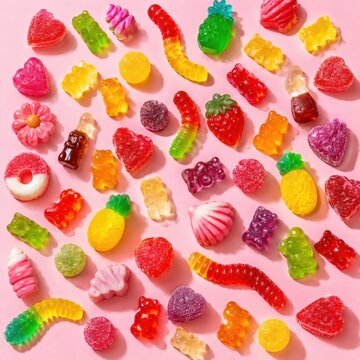 Colorful gummy candies and jelly sweets scattered on a pink background