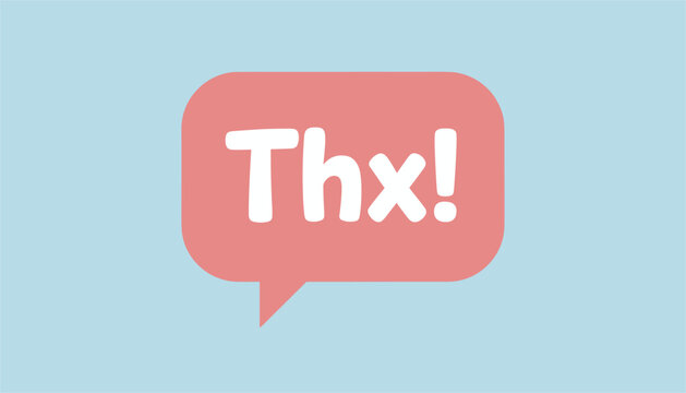 Cute reddish pink rounded speech bubble containing the handwritten text Thx! on a solid pastel blue background.