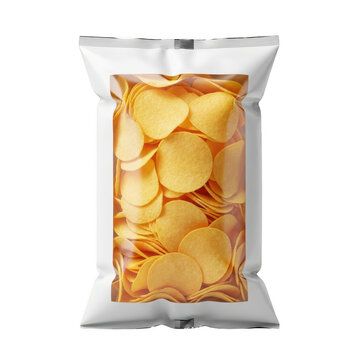Bag of salty potato chips with clear window isolated on transparent background for food snack packaging marketing