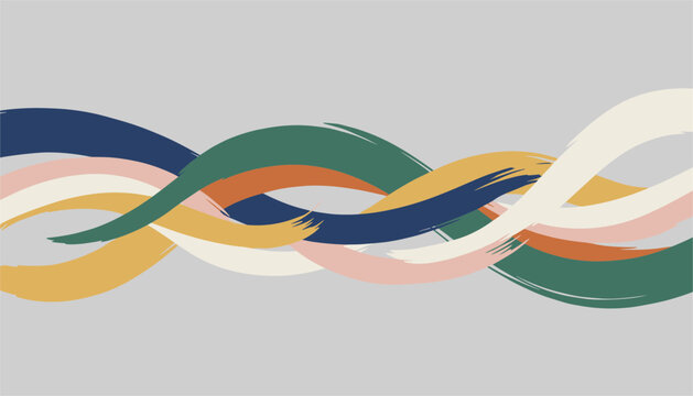 Abstract artistic backdrop featuring thick colorful brush strokes interwoven in a horizontal wave on a solid grey background.