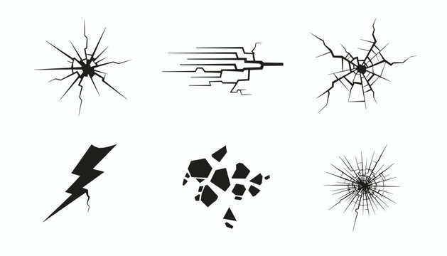Set of six black vector silhouettes depicting different types of glass cracks, breaks, and shattering effects.