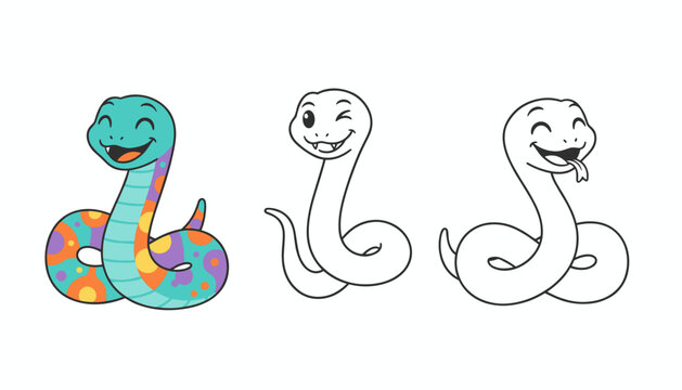Three cute cartoon snakes featuring one colorful patterned illustration and two playful black line art drawings.