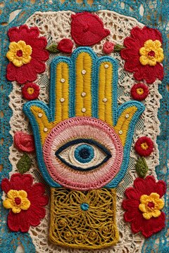Embroidered hand with hamsa and eye in pastel colors