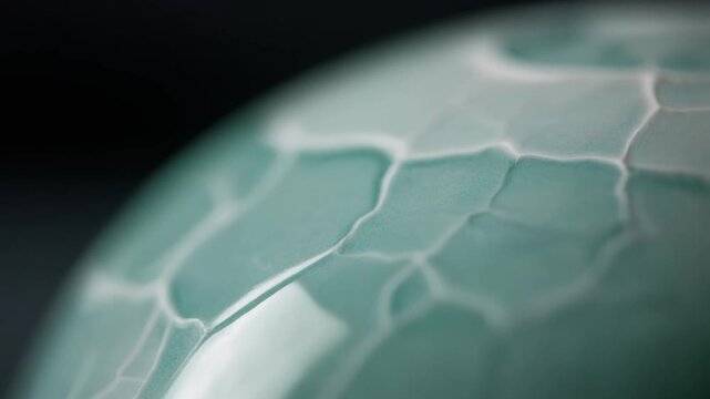Celadon green ceramic glaze develops gradual crackle texture across glossy surface, creating refined artisanal pattern, elegant pottery aesthetic, subtle craft detail, and cinematic abstract motion.
