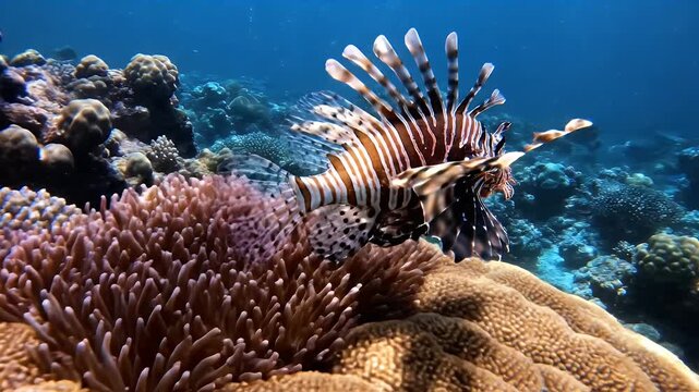 Vibrant coral reef ecosystem teeming with life, featuring a beautiful lionfish swimming gracefully amidst colorful anemones and sponges under clear bl