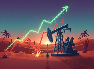 Fototapeta premium Oil pumpjack in the desert with rising financial market growth chart