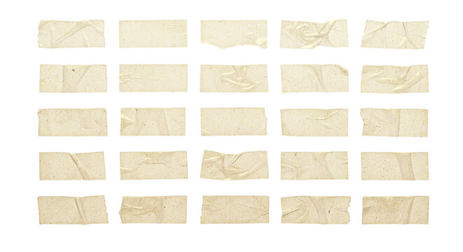 Set of adhesive tape strips isolated on transparent background, various pieces of masking tape, scotch tape, paper tape, sticky tape, torn tape edges