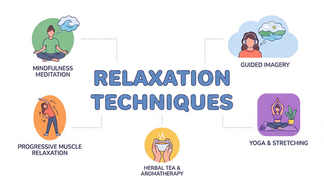 Relaxation techniques infographic illustrating mindfulness yoga and stress relief methods for mental wellness and health