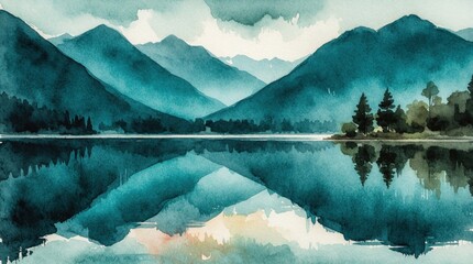 Fototapeta premium Abstract watercolor painting shows teal mountains, calm lake. Blue hills reflect in still water with misty clouds. Peaceful nature landscape features forest trees, scenic mountain views. Serene