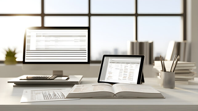 Corporate data management desk featuring open lineage audit documents and system access logs next to tablet display, 24mm wide perspective, no person