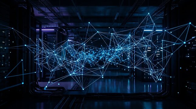 Digital network connection lines in a dark server room data center