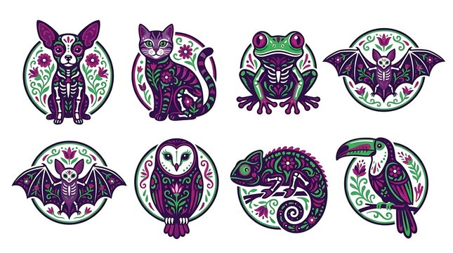 Icon set of stylized animals with skeletal floral patterns skeleton circular colorful chameleon