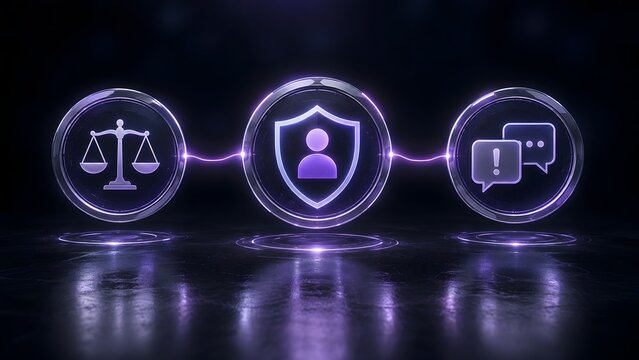 Digital consumer protection law concept with glowing neon justice scales shield and communication icons