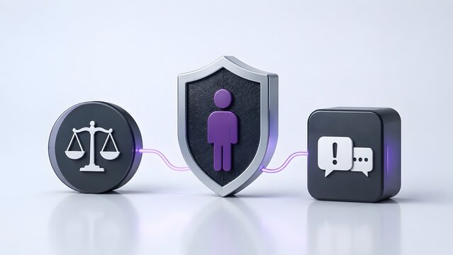 Consumer rights privacy policy concept with 3D justice scales protection shield and feedback icons