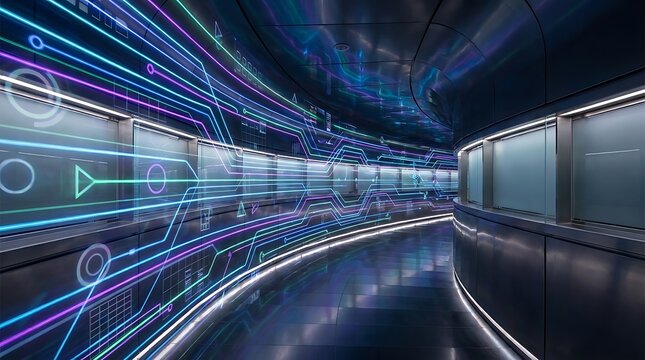 Futuristic data stream tunnel with glowing neon digital network lines