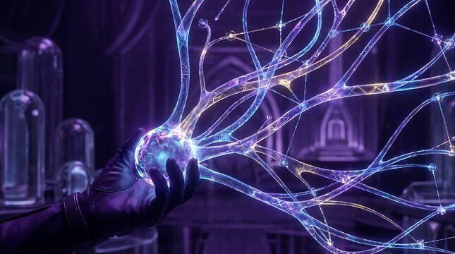 Hand holding glowing digital neural network data connection in dark laboratory
