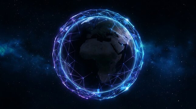 Digital data connections wrapping around the glowing planet Earth in deep space