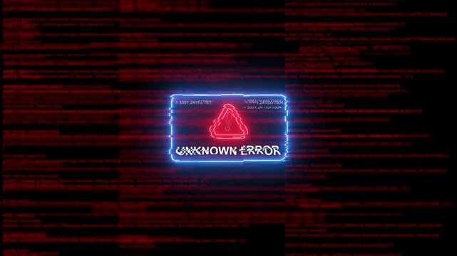 Unknown error system failure alert with glitch digital code background, cyber attack warning