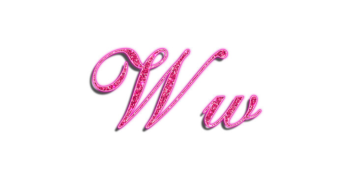 3D pink glitter letter W cursive calligraphy isolated on transparent background for romantic design