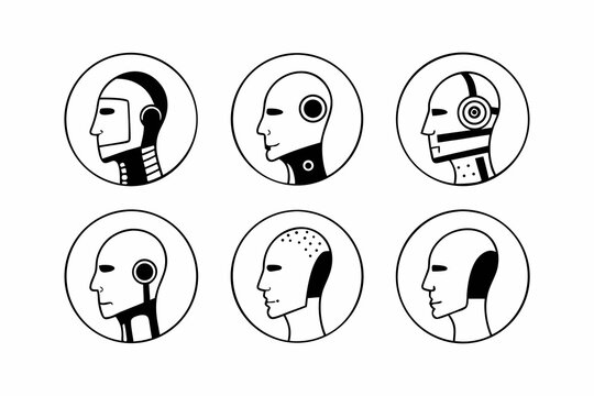 Stylized robot head icons set showing various mechanical character facial designs in sharp black and white vector graphic art style