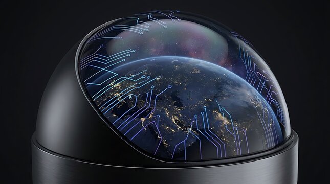 Digital Earth globe with glowing data network lines on black background