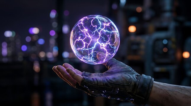 Glowing plasma energy sphere floating above a human hand in darkness