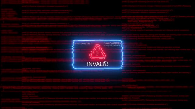 Invalid system error warning with glowing red glitch and scrolling digital code background