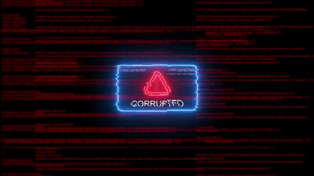Corrupted system warning alert with glitch digital code background, cyber security breach concept error