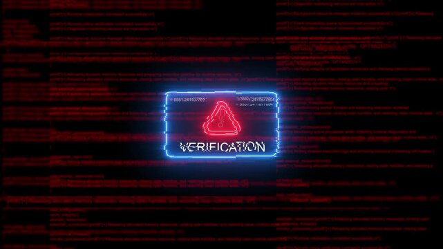 Digital verification error warning with glitch effect and red scrolling code background, cyber security